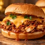 A close-up of a Cajun Chicken Sloppy Joe sandwich with ground chicken, melted cheddar, and spicy tomato sauce on a toasted bun.