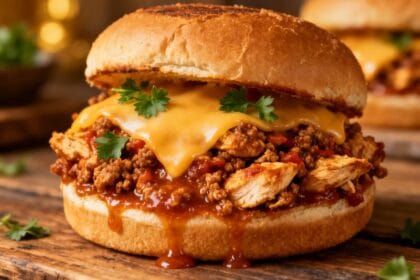 A close-up of a Cajun Chicken Sloppy Joe sandwich with ground chicken, melted cheddar, and spicy tomato sauce on a toasted bun.