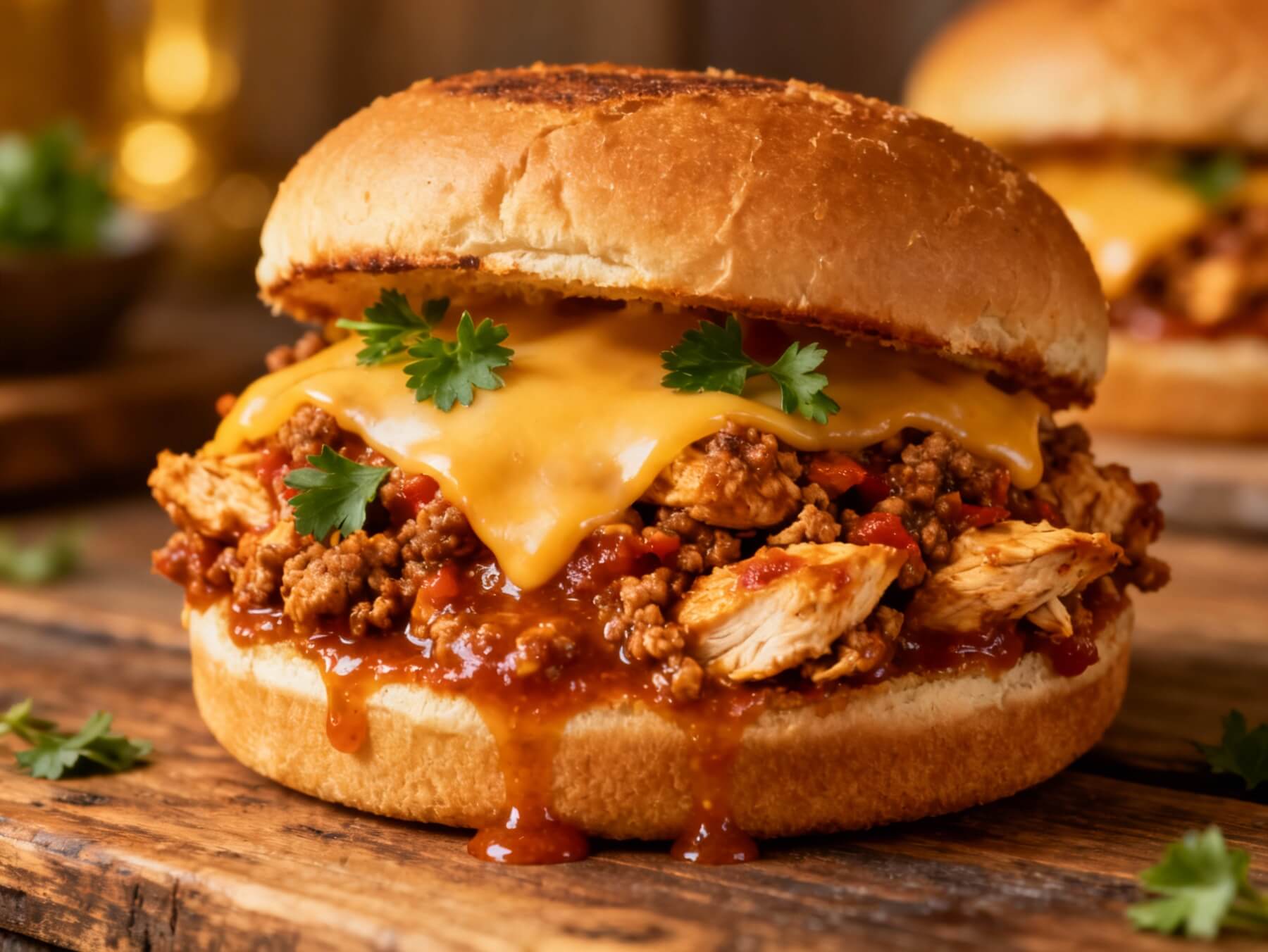 A close-up of a Cajun Chicken Sloppy Joe sandwich with ground chicken, melted cheddar, and spicy tomato sauce on a toasted bun.