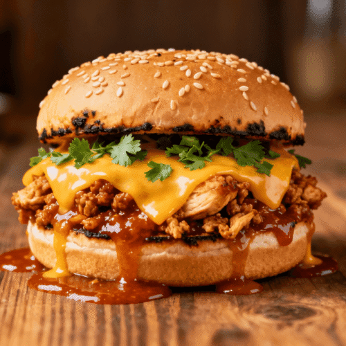 A spicy Cajun Chicken Sloppy Joe loaded with saucy ground chicken, melted cheddar cheese, and fresh herbs on a toasted sesame bun.