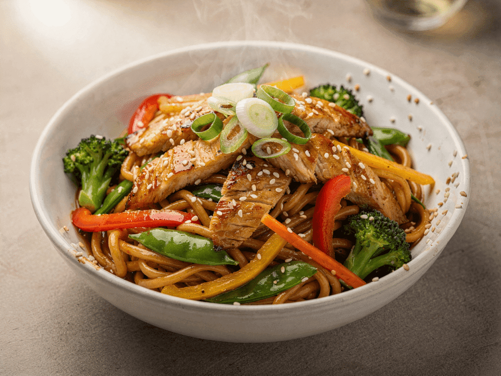 Bowl of chicken noodle stir fry with sliced chicken, vegetables, noodles, and sesame seed garnish.