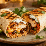 A grilled Chipotle Ranch Chicken Burrito on a plate, stuffed with smoky chicken, rice, beans, and melted cheese, topped with creamy ranch and served with lime wedges.