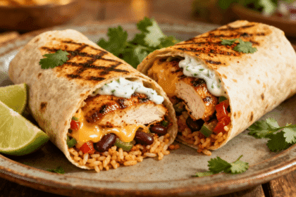 A grilled Chipotle Ranch Chicken Burrito on a plate, stuffed with smoky chicken, rice, beans, and melted cheese, topped with creamy ranch and served with lime wedges.