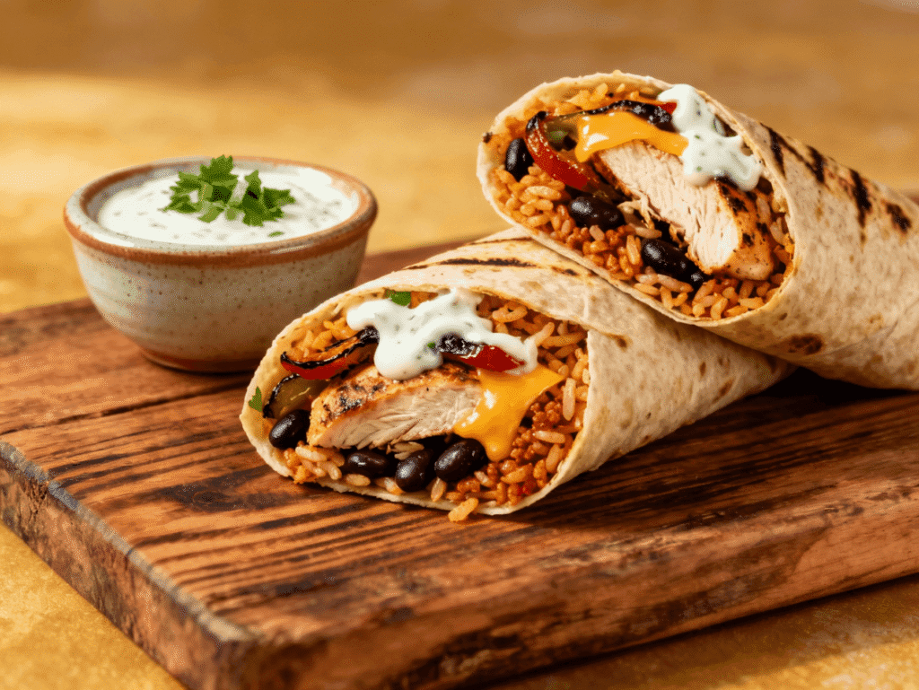 A sliced Chipotle Ranch Grilled Chicken Burrito filled with smoky chipotle chicken, rice, black beans, melted cheese, and ranch sauce, served on a wooden board with a side of creamy dressing.