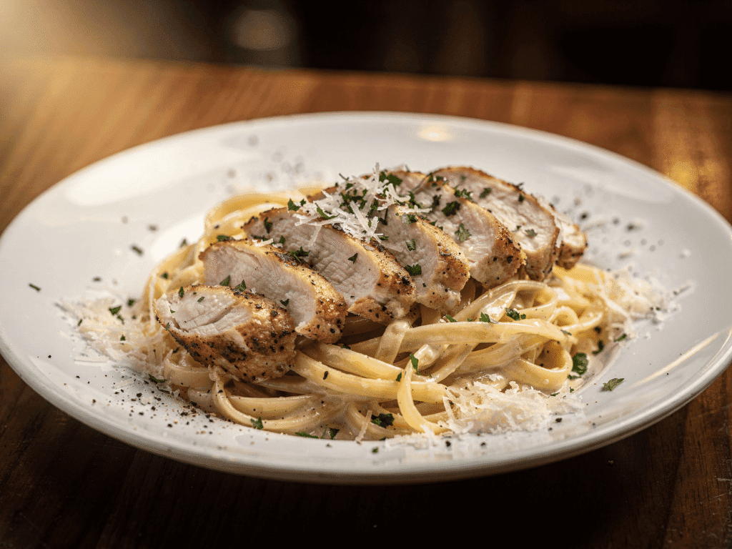 Creamy Chicken Garlic Parmesan Pasta served on a white plate with sliced juicy chicken breast over fettuccine tossed in a rich Parmesan garlic sauce.