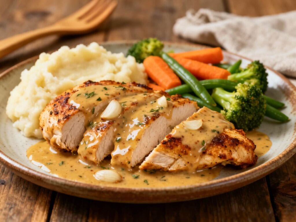Creamy Garlic Herb Cajun Chicken served with mashed potatoes, carrots, broccoli, and green beans on a rustic plate.
