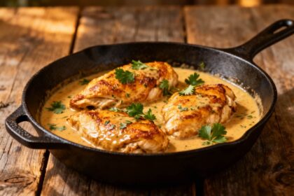 Cajun chicken breasts simmering in creamy garlic herb sauce inside a cast-iron skillet on a wooden table.