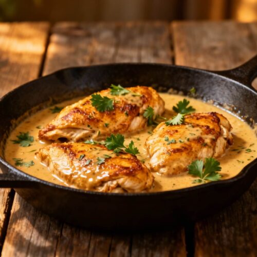 Cajun chicken breasts simmering in creamy garlic herb sauce inside a cast-iron skillet on a wooden table.