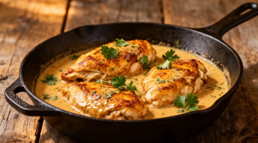Cajun chicken breasts simmering in creamy garlic herb sauce inside a cast-iron skillet on a wooden table.