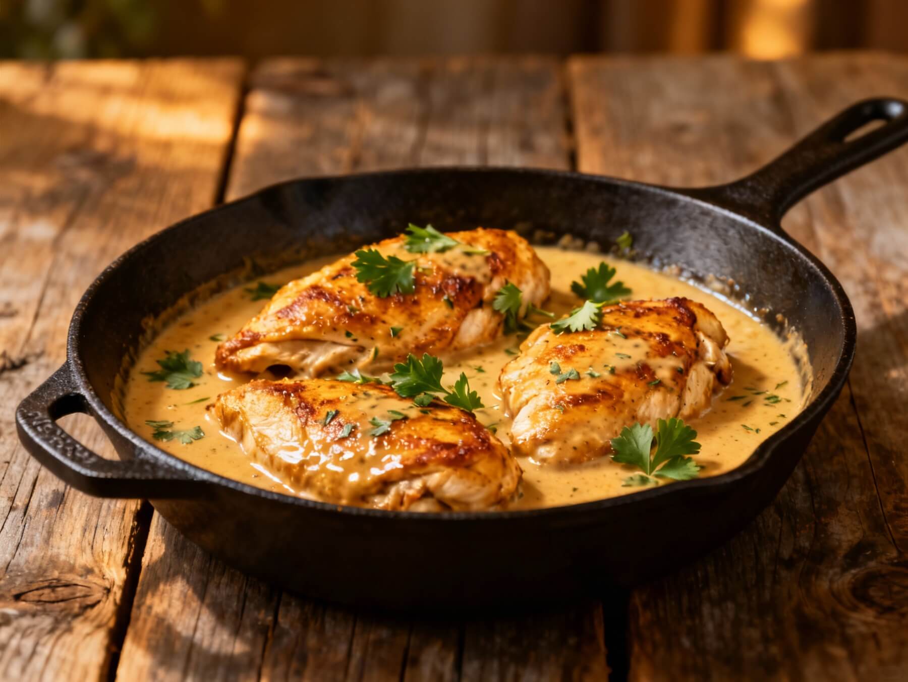 Cajun chicken breasts simmering in creamy garlic herb sauce inside a cast-iron skillet on a wooden table.
