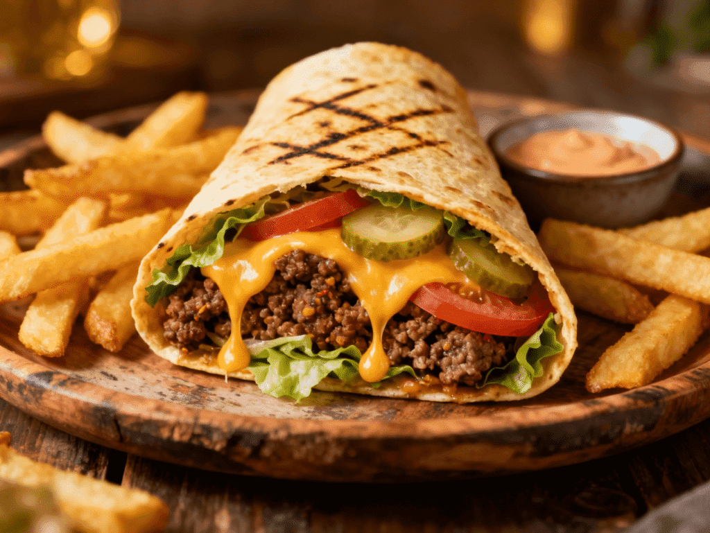 Close-up of a cheesy ground beef cheeseburger wrap with lettuce, tomato, pickles, and melted cheddar, served with fries and dipping sauce.