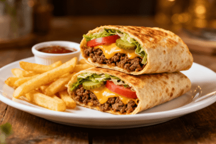 Grilled cheeseburger wraps stacked on a white plate with fries and dipping sauce, filled with beef, cheddar, lettuce, tomato, and pickles.