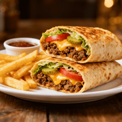 Grilled cheeseburger wraps stacked on a white plate with fries and dipping sauce, filled with beef, cheddar, lettuce, tomato, and pickles.