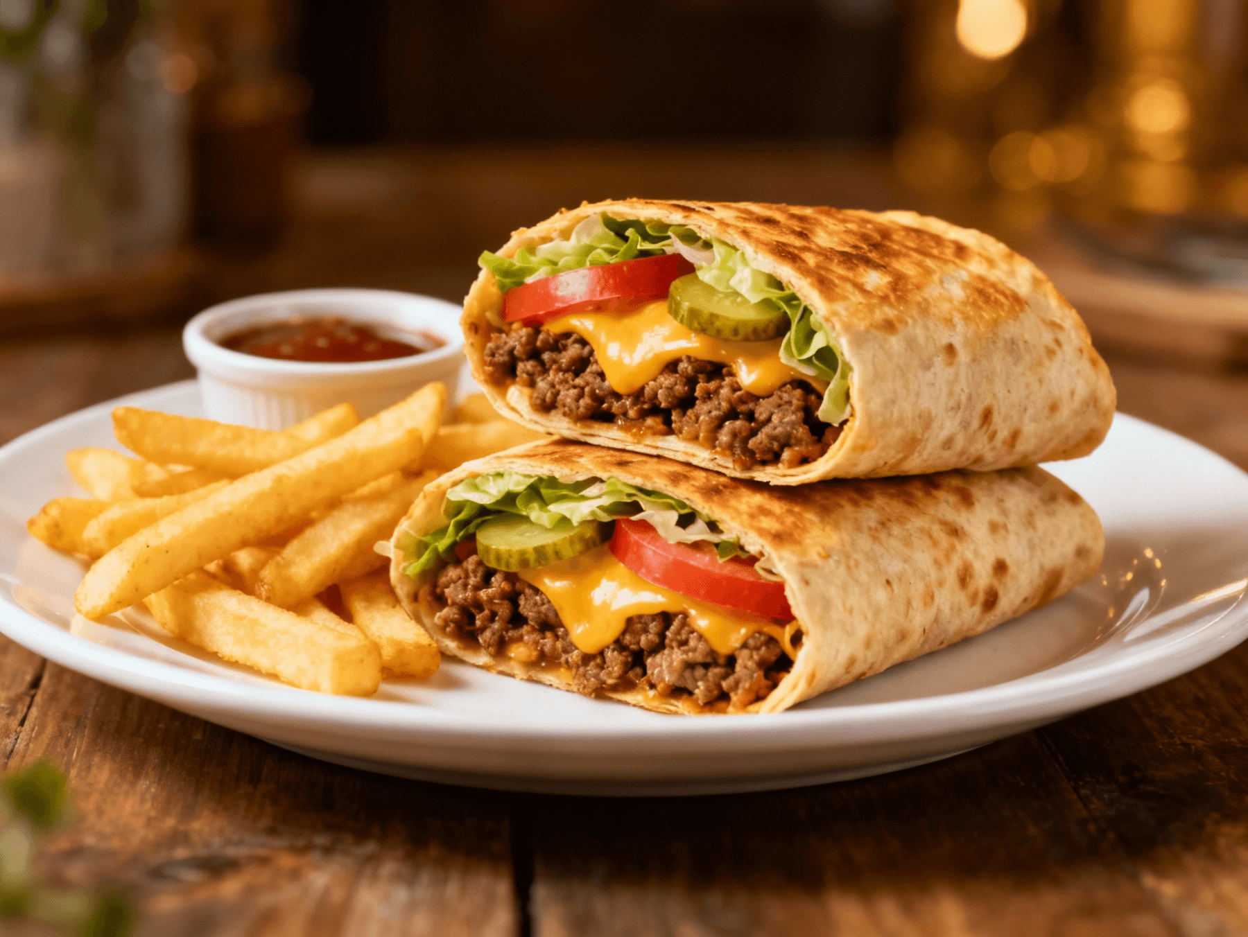 Grilled cheeseburger wraps stacked on a white plate with fries and dipping sauce, filled with beef, cheddar, lettuce, tomato, and pickles.