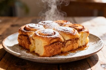Fluffy Hawaiian roll French toast bake dusted with powdered sugar and drizzled with maple syrup on a rustic wooden table.