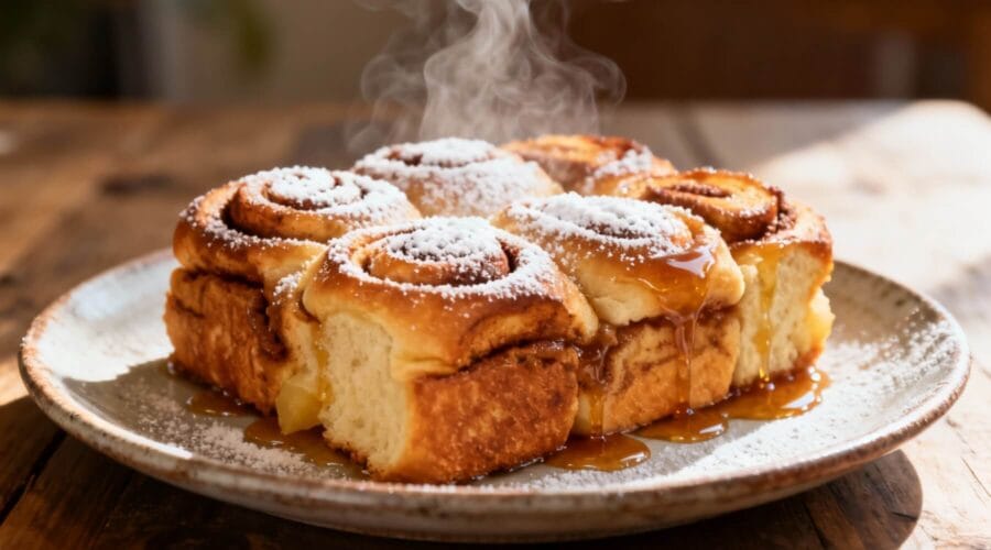 Fluffy Hawaiian roll French toast bake dusted with powdered sugar and drizzled with maple syrup on a rustic wooden table.