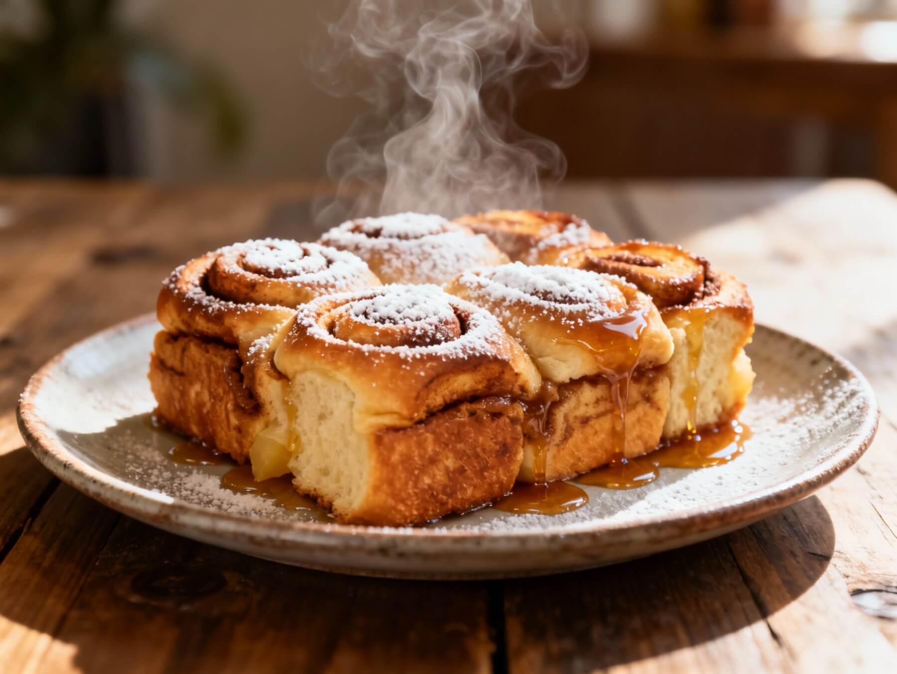 Fluffy Hawaiian roll French toast bake dusted with powdered sugar and drizzled with maple syrup on a rustic wooden table.