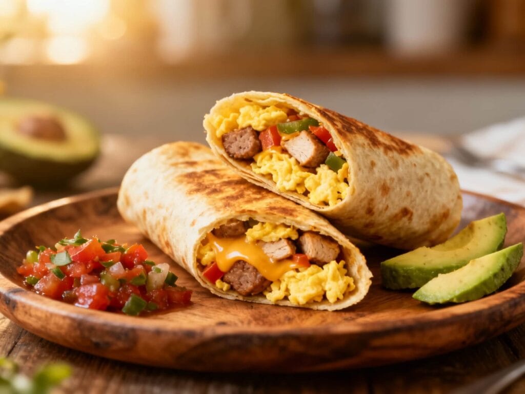 A plate of sliced high-protein breakfast burritos stuffed with eggs, chicken sausage, and melted cheese, served with avocado slices and salsa on a wooden plate.
