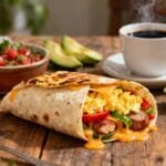 A warm high-protein breakfast burrito filled with scrambled eggs, chicken sausage, peppers, and melted cheese, served with salsa, avocado slices, and a steaming cup of coffee on a rustic wooden table.