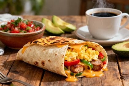 A warm high-protein breakfast burrito filled with scrambled eggs, chicken sausage, peppers, and melted cheese, served with salsa, avocado slices, and a steaming cup of coffee on a rustic wooden table.