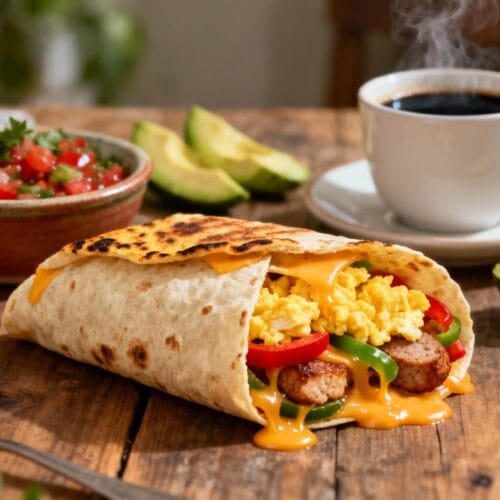 A warm high-protein breakfast burrito filled with scrambled eggs, chicken sausage, peppers, and melted cheese, served with salsa, avocado slices, and a steaming cup of coffee on a rustic wooden table.