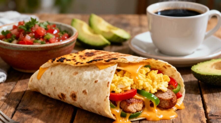 A warm high-protein breakfast burrito filled with scrambled eggs, chicken sausage, peppers, and melted cheese, served with salsa, avocado slices, and a steaming cup of coffee on a rustic wooden table.