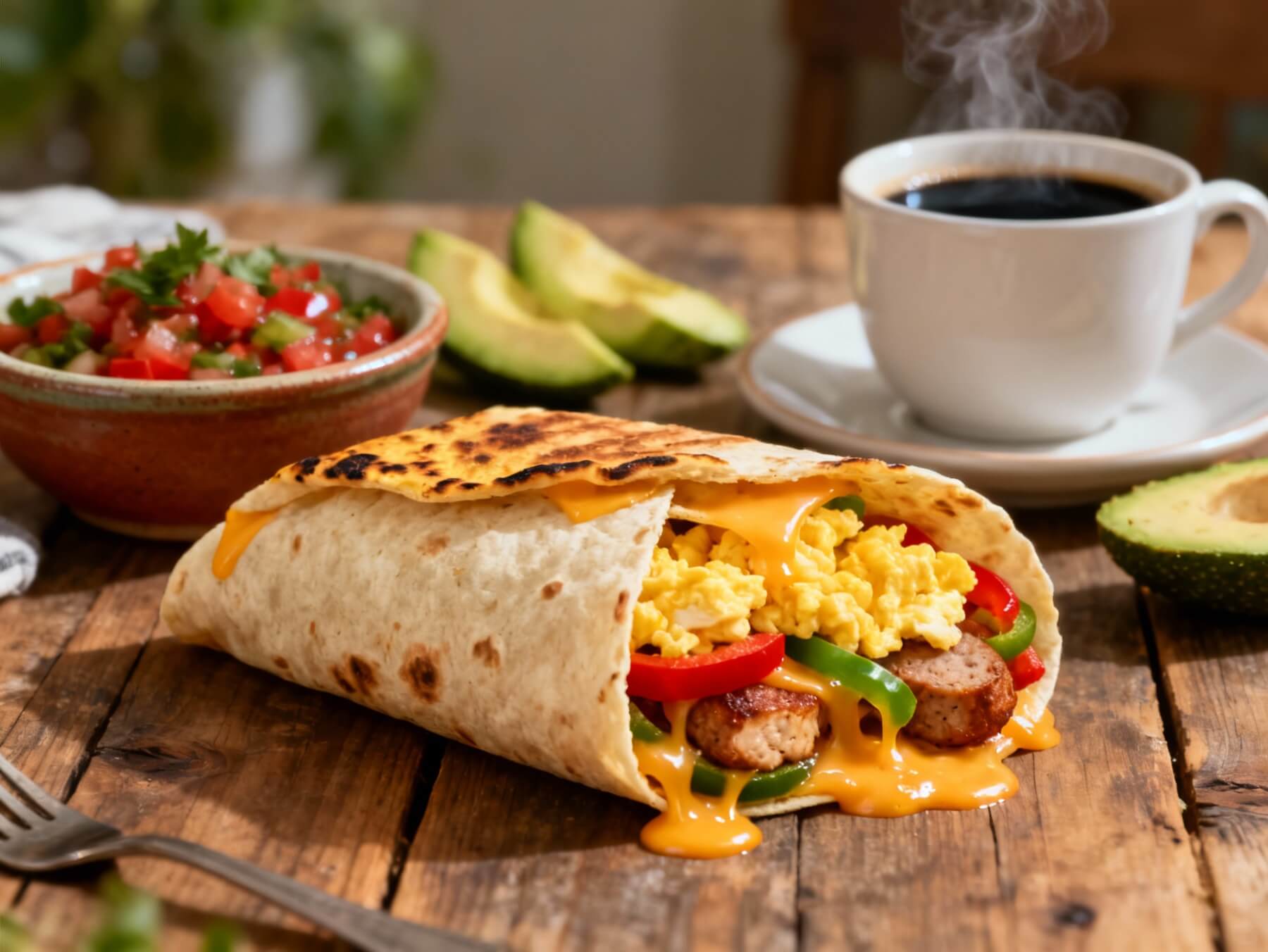 A warm high-protein breakfast burrito filled with scrambled eggs, chicken sausage, peppers, and melted cheese, served with salsa, avocado slices, and a steaming cup of coffee on a rustic wooden table.