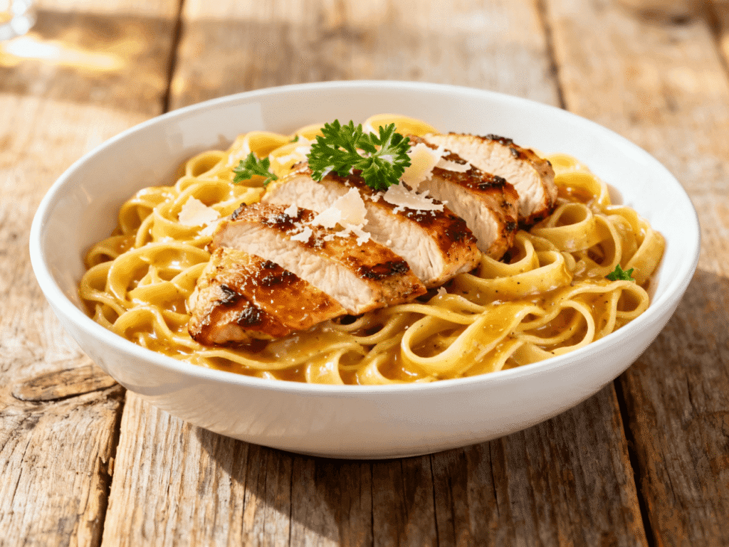 High-protein honey butter chicken Alfredo in a white bowl with grilled chicken breast slices over creamy fettuccine pasta topped with Parmesan and parsley.