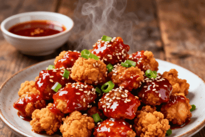 Hot Korean popcorn chicken coated in gochujang sauce with steam rising, served on a plate with sesame seeds and green onions.