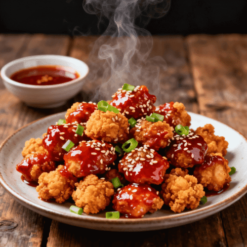 Hot Korean popcorn chicken coated in gochujang sauce with steam rising, served on a plate with sesame seeds and green onions.