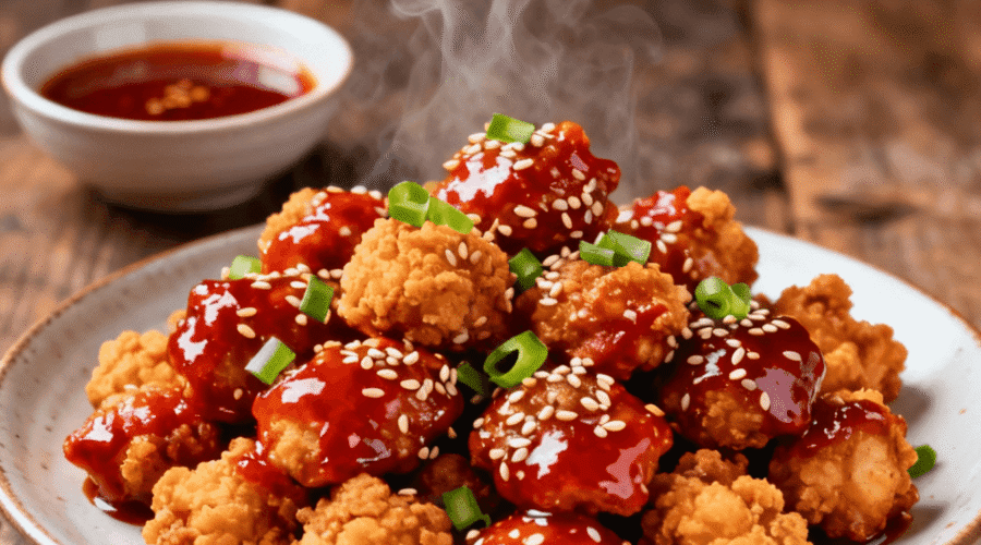 Hot Korean popcorn chicken coated in gochujang sauce with steam rising, served on a plate with sesame seeds and green onions.