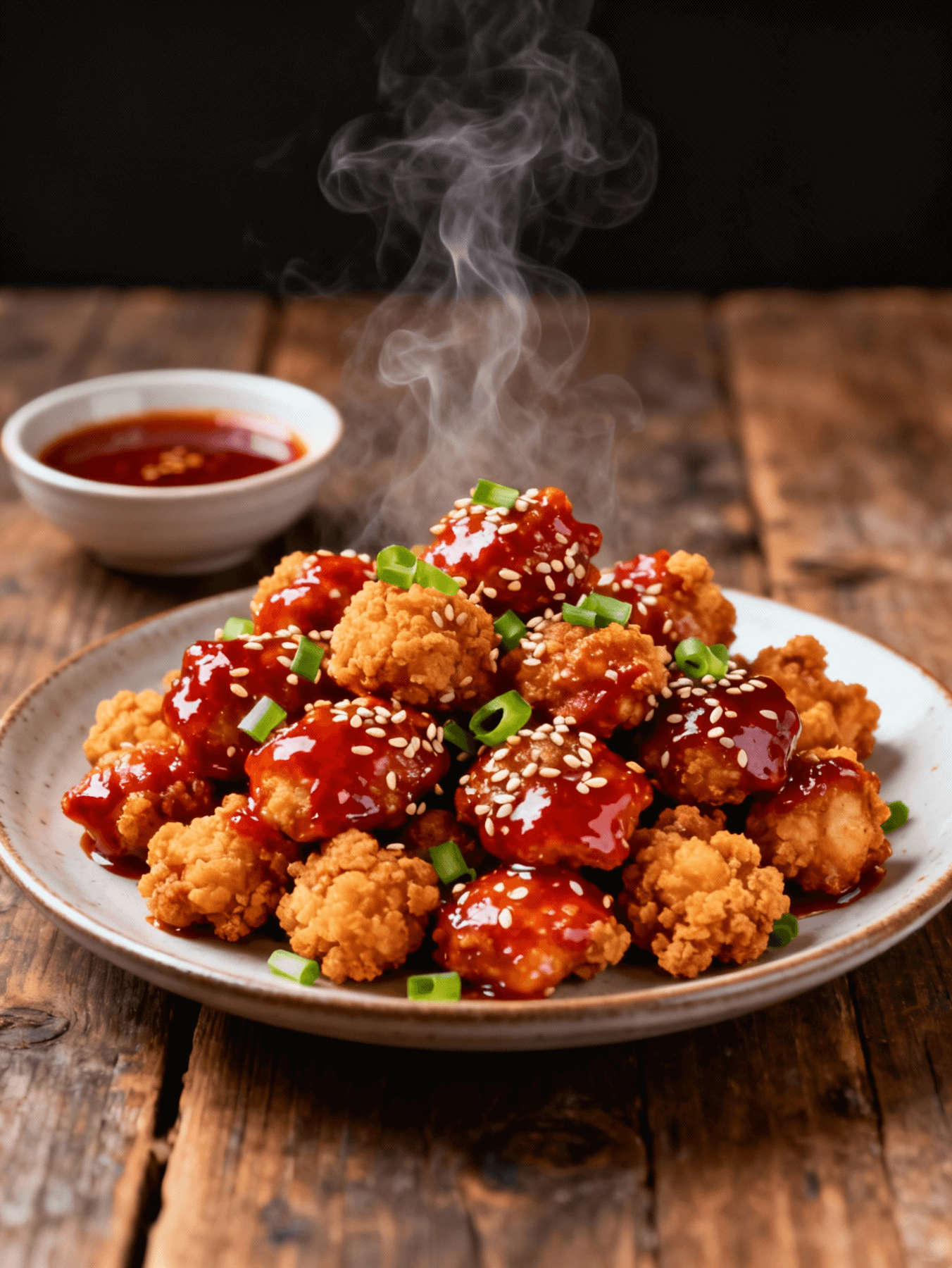 Hot Korean popcorn chicken coated in gochujang sauce with steam rising, served on a plate with sesame seeds and green onions.