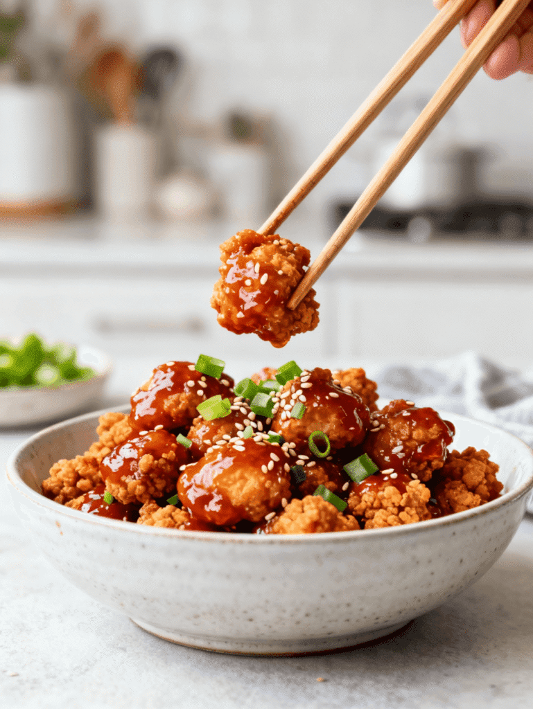 Crispy Korean popcorn chicken coated in glossy gochujang glaze, garnished with sesame seeds and green onions in a bowl.