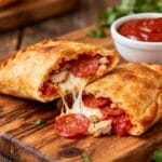 Cheesy homemade pepperoni pizza hot pocket cut open to show melted mozzarella, turkey pepperoni, and tomato sauce on a wooden board.