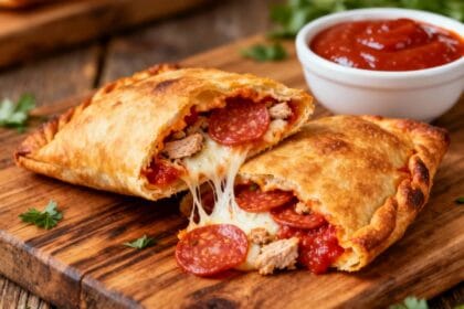 Cheesy homemade pepperoni pizza hot pocket cut open to show melted mozzarella, turkey pepperoni, and tomato sauce on a wooden board.