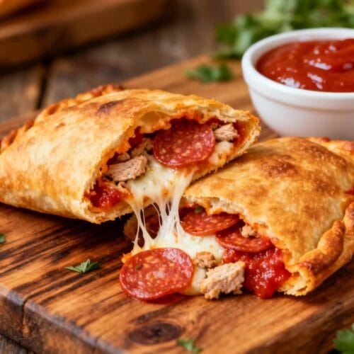 Cheesy homemade pepperoni pizza hot pocket cut open to show melted mozzarella, turkey pepperoni, and tomato sauce on a wooden board.