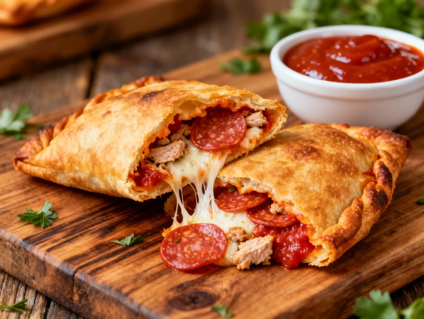 Cheesy homemade pepperoni pizza hot pocket cut open to show melted mozzarella, turkey pepperoni, and tomato sauce on a wooden board.