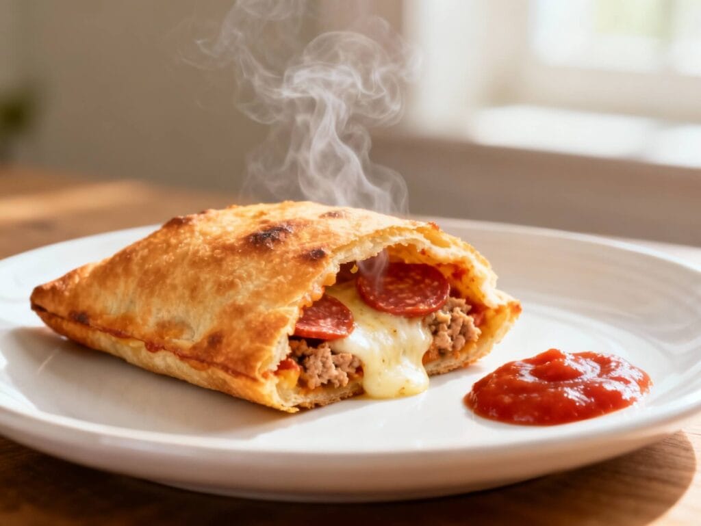 Hot, cheesy pepperoni pizza hot pocket with melted mozzarella and lean turkey pepperoni on a plate served with marinara sauce.