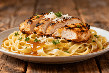 Plate of creamy honey butter chicken Alfredo pasta with grilled chicken slices, Parmesan, and parsley on a rustic wooden table.