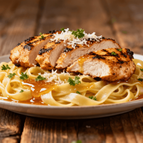 Plate of creamy honey butter chicken Alfredo pasta with grilled chicken slices, Parmesan, and parsley on a rustic wooden table.