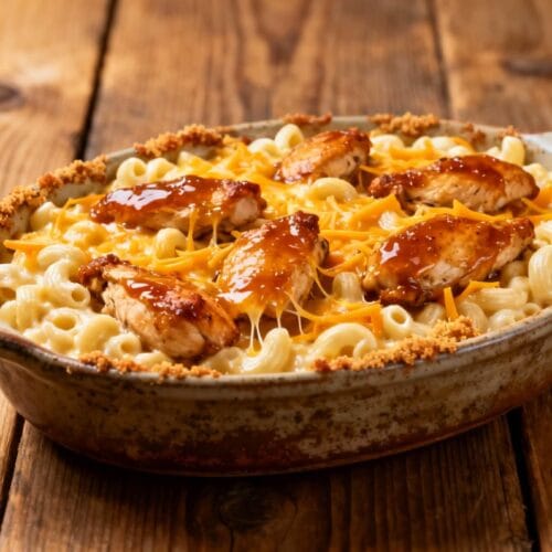 Cast iron skillet filled with creamy mac and cheese topped with honey garlic butter chicken and crispy breadcrumbs.