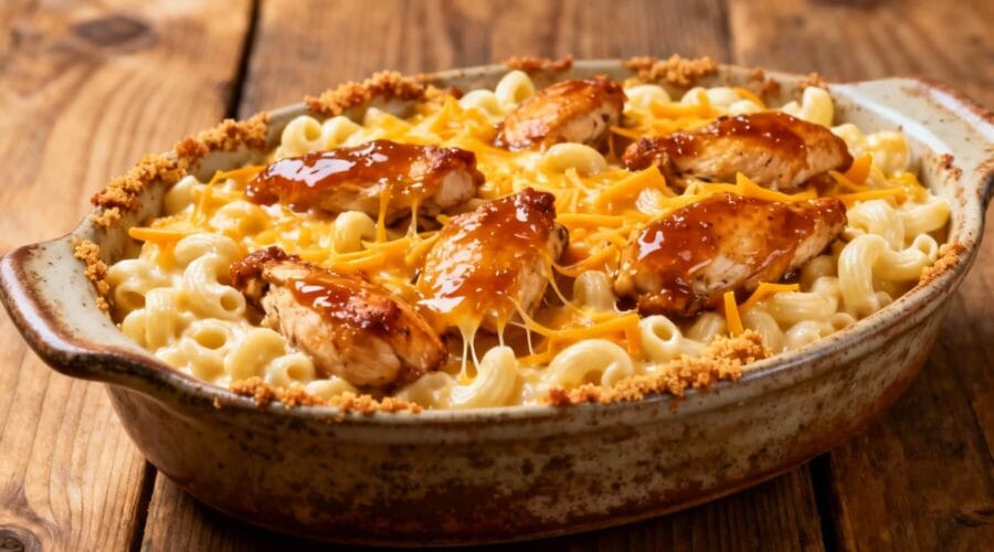Cast iron skillet filled with creamy mac and cheese topped with honey garlic butter chicken and crispy breadcrumbs.