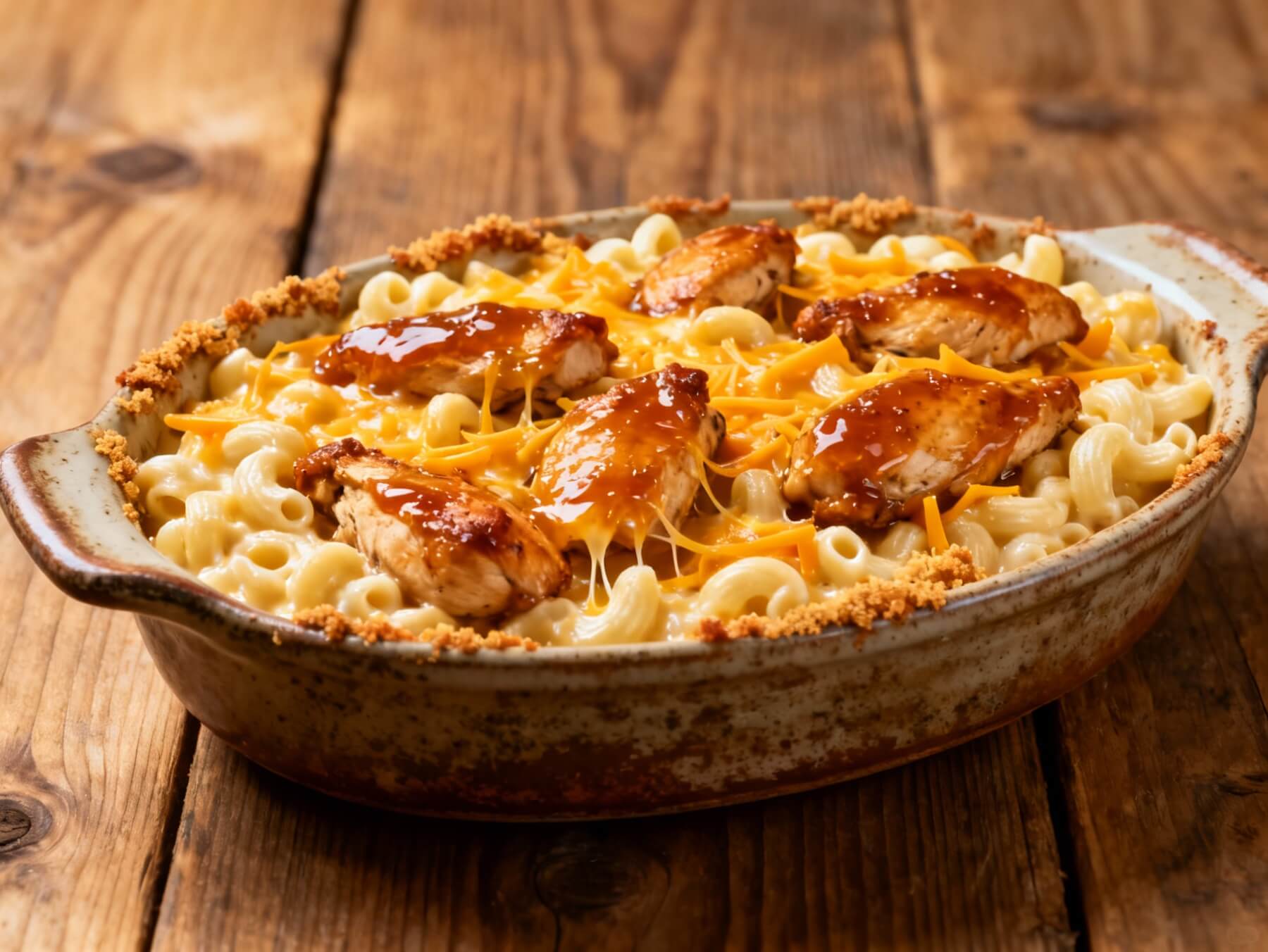 Cast iron skillet filled with creamy mac and cheese topped with honey garlic butter chicken and crispy breadcrumbs.