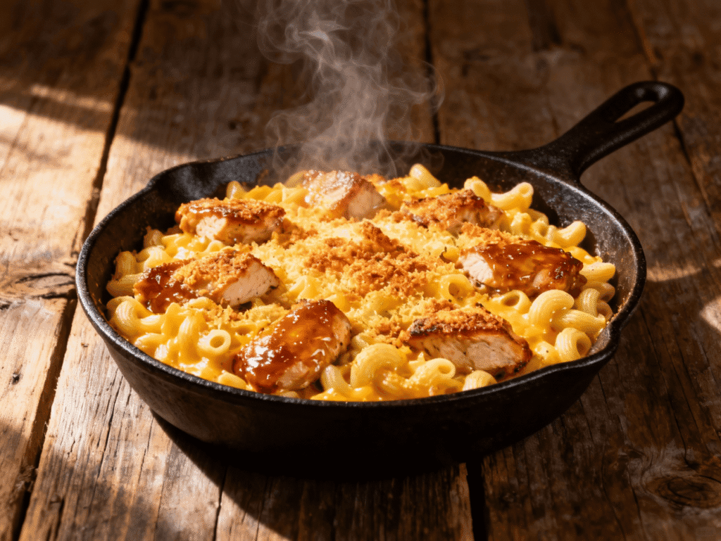 High-protein honey butter chicken Alfredo in a white bowl with grilled chicken breast slices over creamy fettuccine pasta topped with Parmesan and parsley.