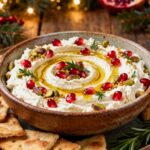 Whipped feta dip topped with pomegranate seeds, pistachios, and olive oil served with crackers on a rustic holiday table.