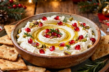 Whipped feta dip topped with pomegranate seeds, pistachios, and olive oil served with crackers on a rustic holiday table.