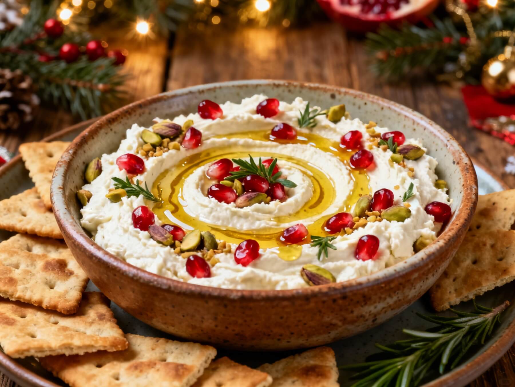 Whipped feta dip topped with pomegranate seeds, pistachios, and olive oil served with crackers on a rustic holiday table.