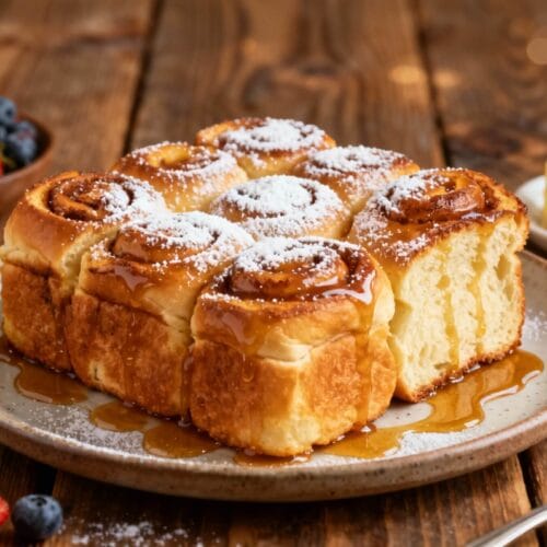 Pull-apart Hawaiian roll French toast bake topped with powdered sugar and syrup, served with butter and fresh berries.