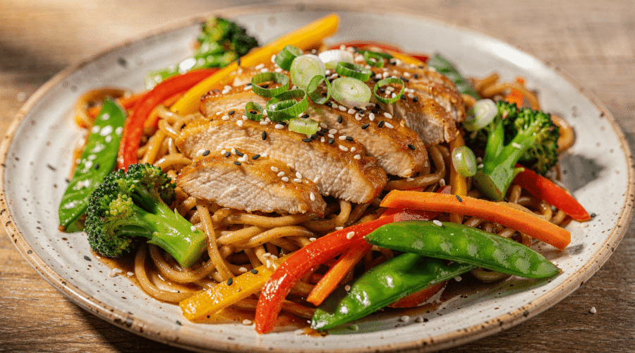 Chicken noodle stir fry with juicy sliced chicken breast, colorful vegetables, and glossy stir fry noodles on a plate.