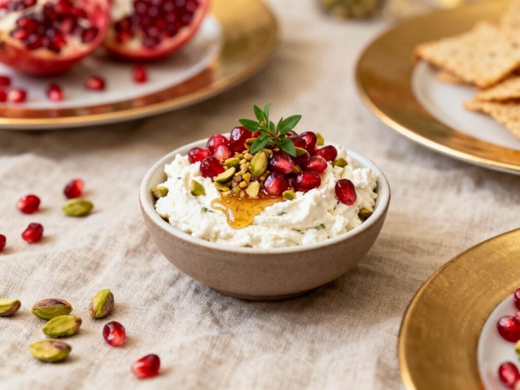 Small bowl of whipped feta dip topped with pomegranate seeds, pistachios, and honey drizzle served on a holiday table.